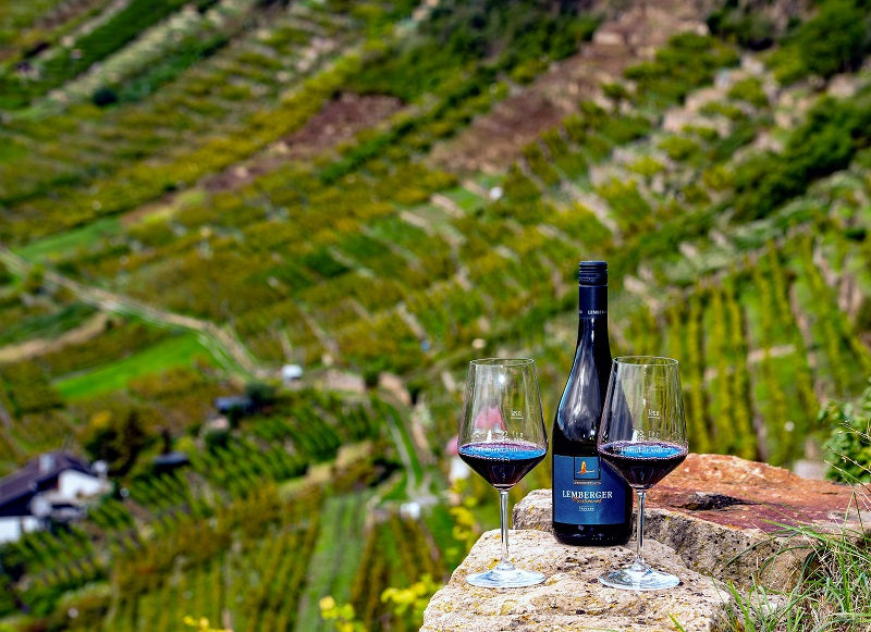 Weinflasche auf einer Weinbergmauer